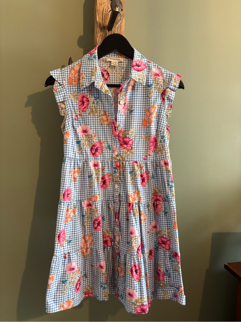 Gingham Floral Button-Front Sleeveless Dress - Pink/Blue